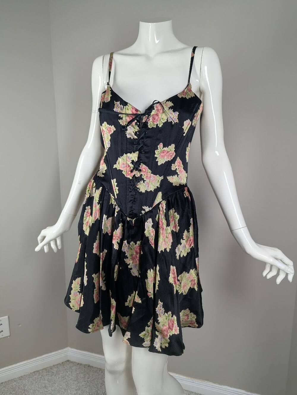 Vintage Betsey Johnson Floral Corset Mini Dress Made in USA Black Rose Lace Up M - Picture 9 of 16